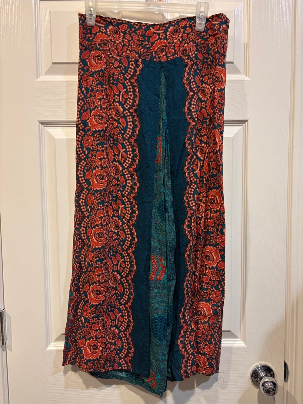 Wide-Leg Boho Pants in Teal and Rust Floral